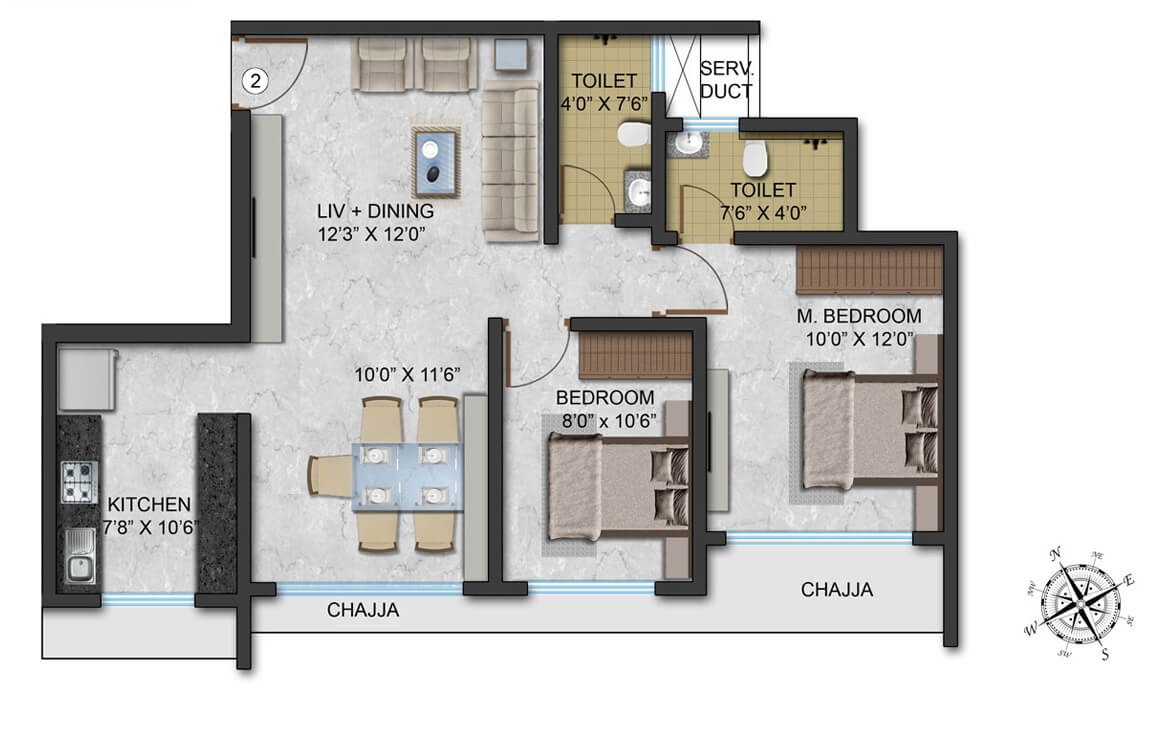 2 BHK Cozy + CARPET AREA 665.11 Sq.ft 