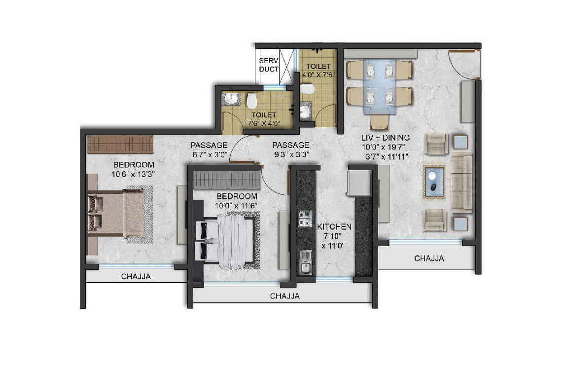 2 BHK CARPET AREA 720.65/730.01/732.6/732.92 sq.ft